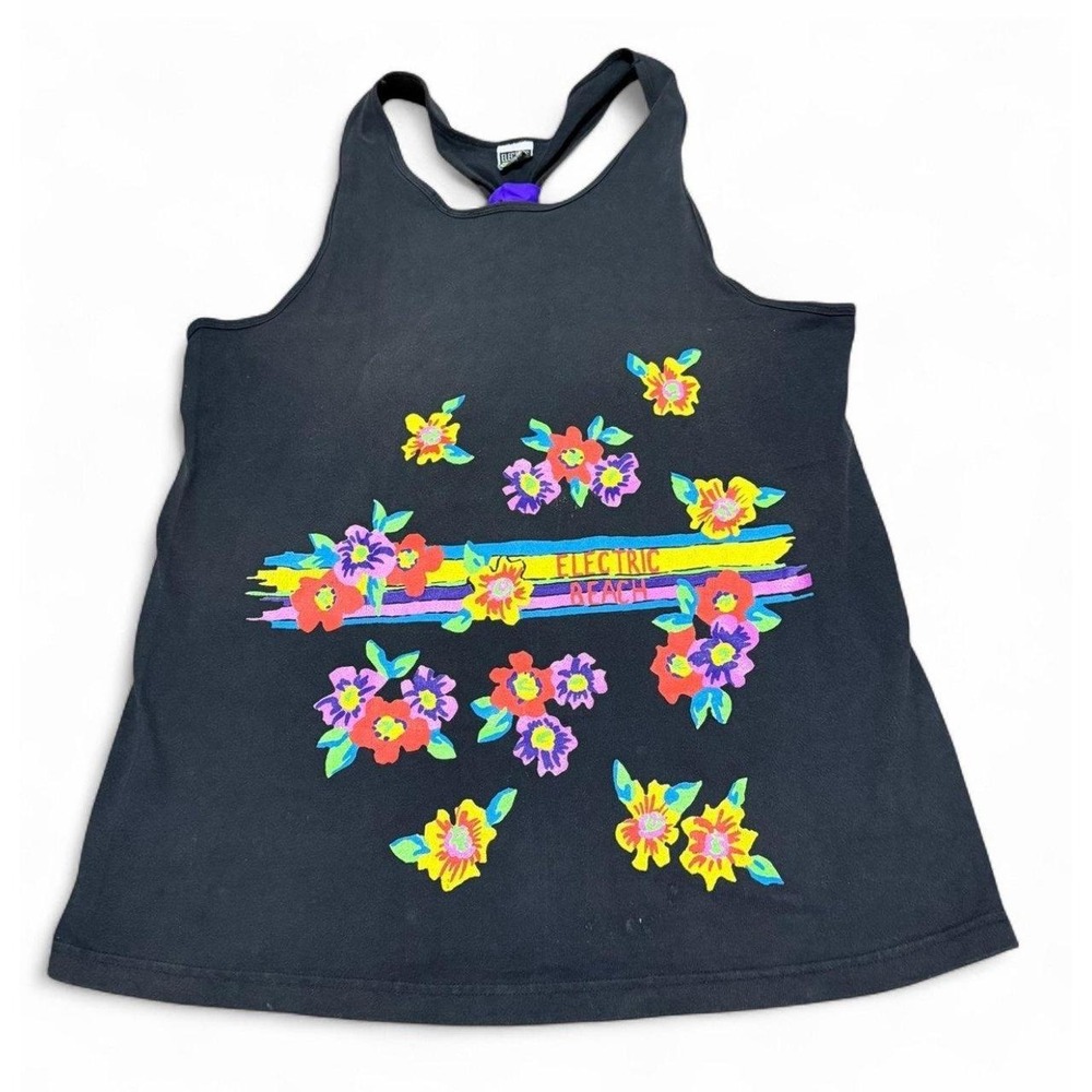 Vintage Electric Beach Jantzen Tank Top XL Black Neon Floral Racerback 80s 90s